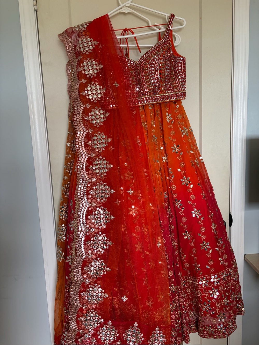 Women’s Orange-Red Embellished Party Lehenga with Dupatta - Sangeet/Wedding/Roka